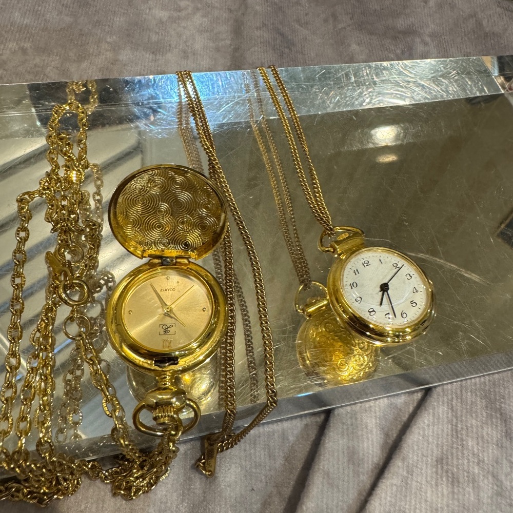 Gold Tone Pocket Watch with Chain LOT